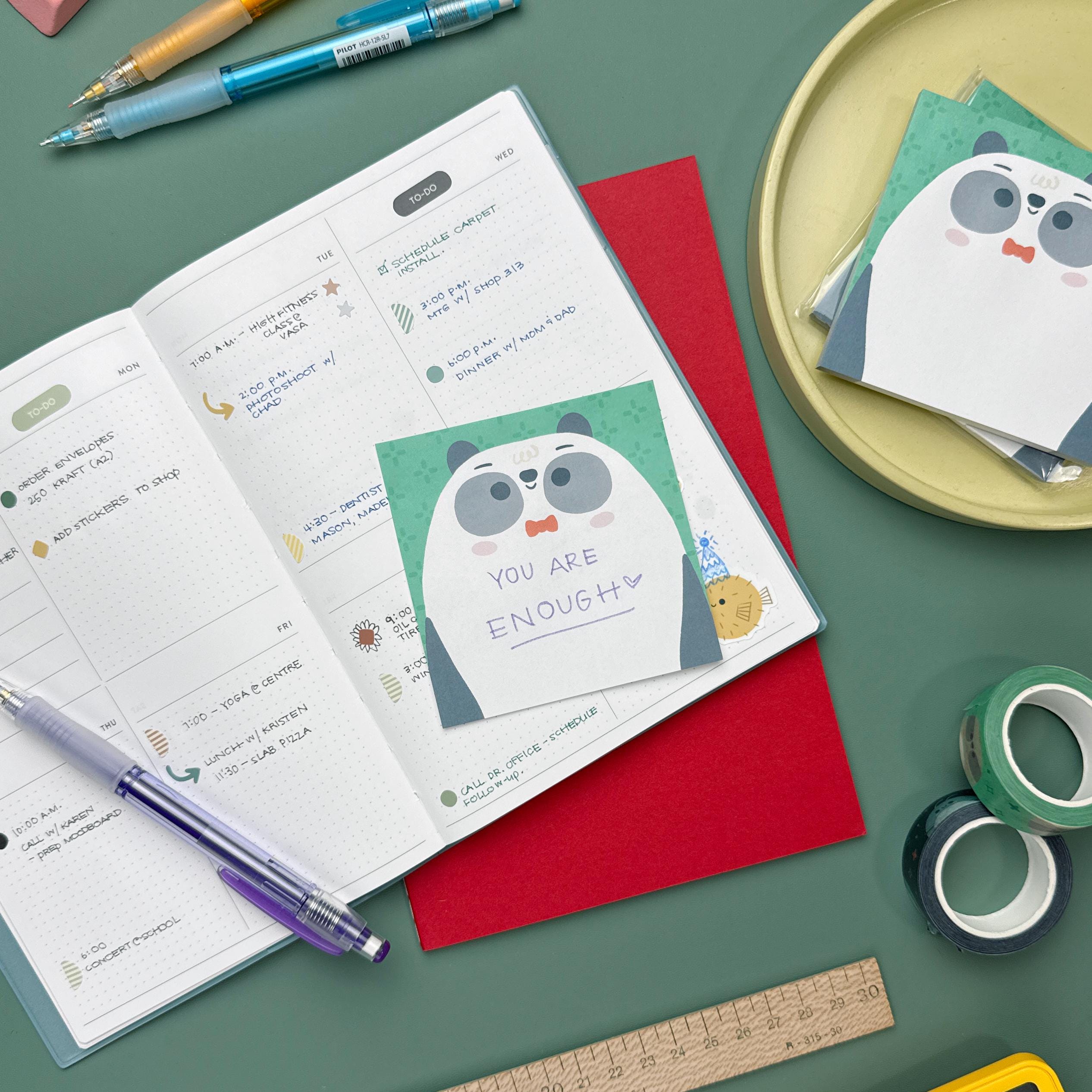 Adorable panda sticky notes for journaling and planners, featuring a panda with a red bowtie from Isabell’s Umbrella cute stationery collection.