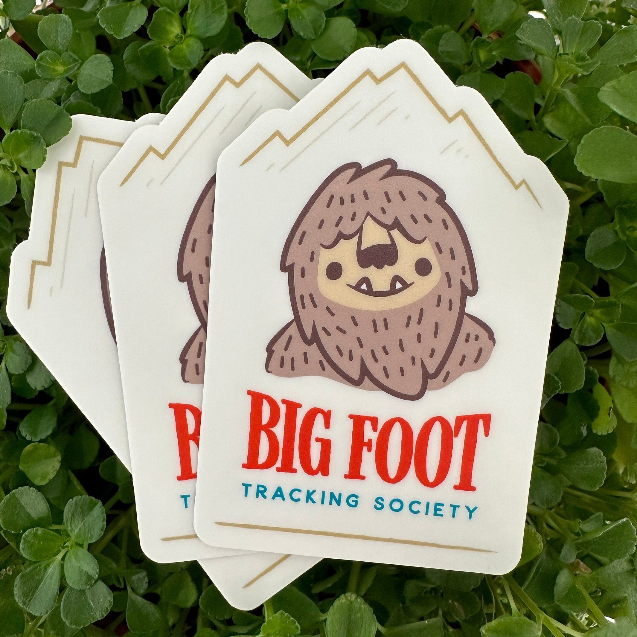 vinyl sticker with an illustration of a big foot with mountain outline in background