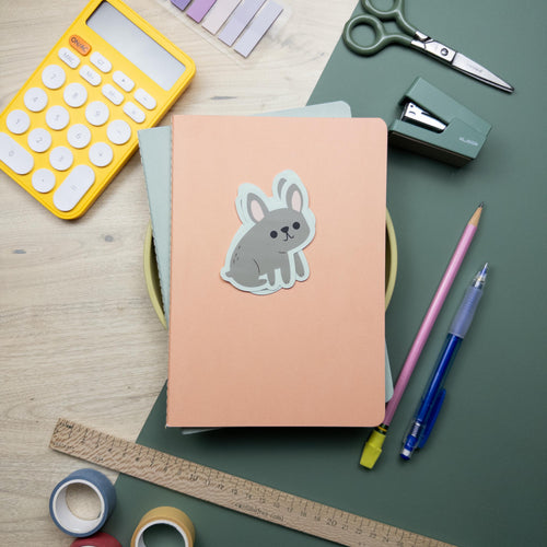 Cute illustrated French Bulldog vinyl sticker, waterproof Frenchie dog decal for laptops, water bottles, and journals, durable matte vinyl design.