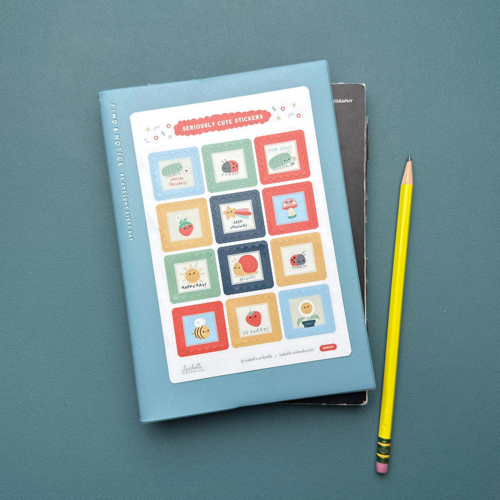 Sticker sheet of 12 different illustrations including roly-polies, ladybugs, strawberries, a snail, a bee, a mushroom, and a shooting star.