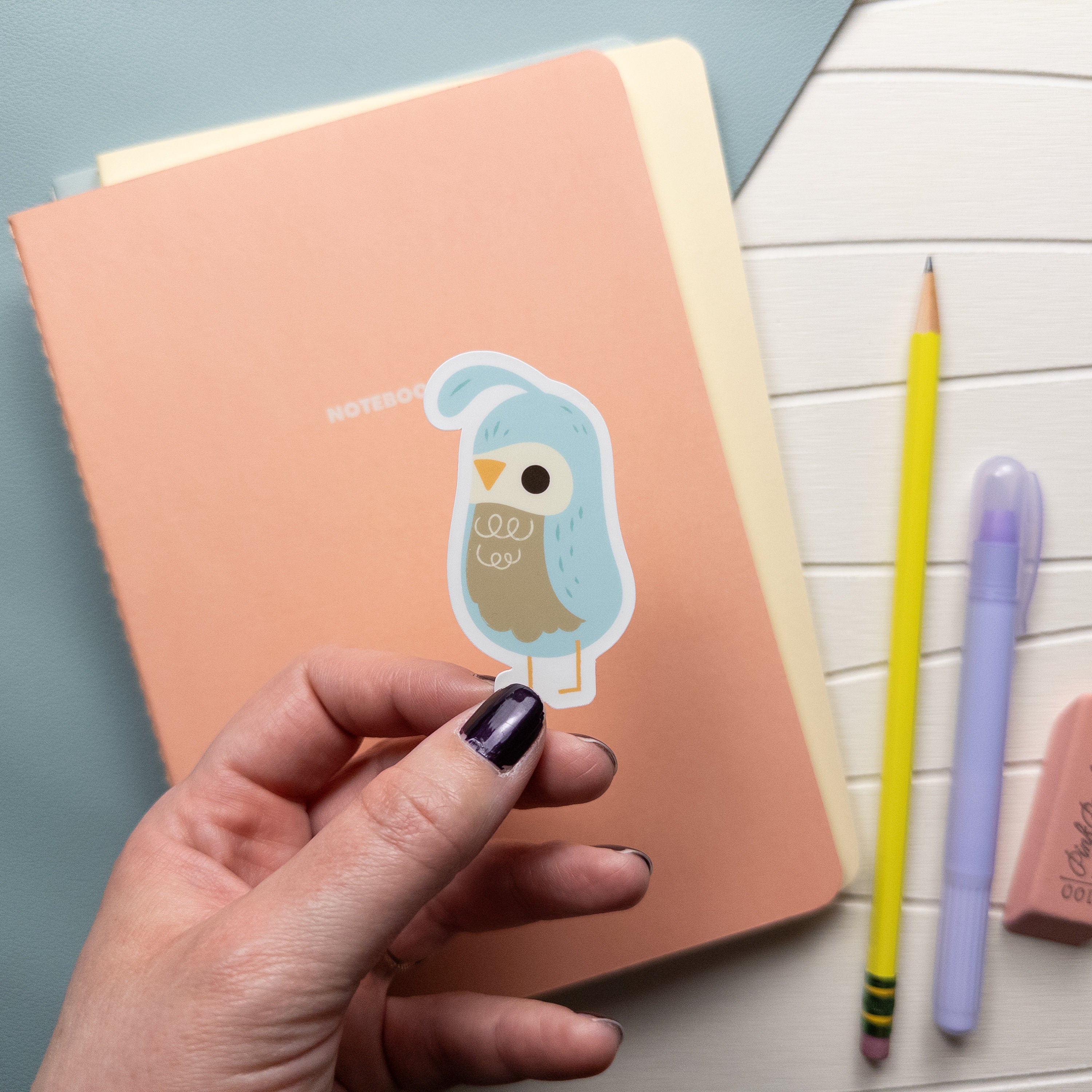 Hand holding a cute illustrated quail vinyl sticker, waterproof matte bird decal for laptops, water bottles, and journals, kawaii nature stationery design.