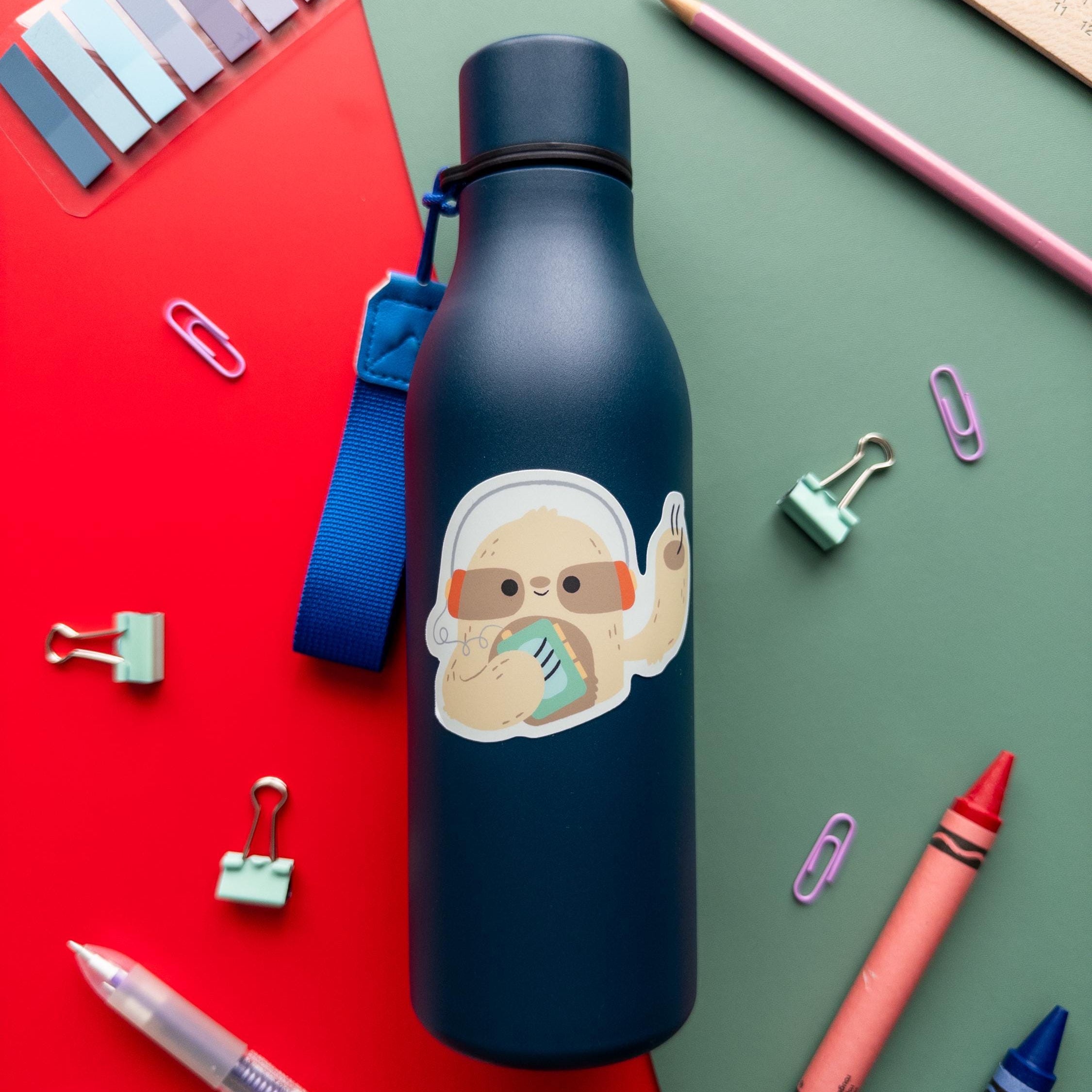 Sloth with Walkman vinyl sticker on a water bottle, cute retro music-themed sticker for sloth lovers and kawaii collectors.