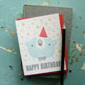 Happy Birthday Bear letterpress notecard with party hat illustration, cute handmade animal greeting card with coordinating envelope.