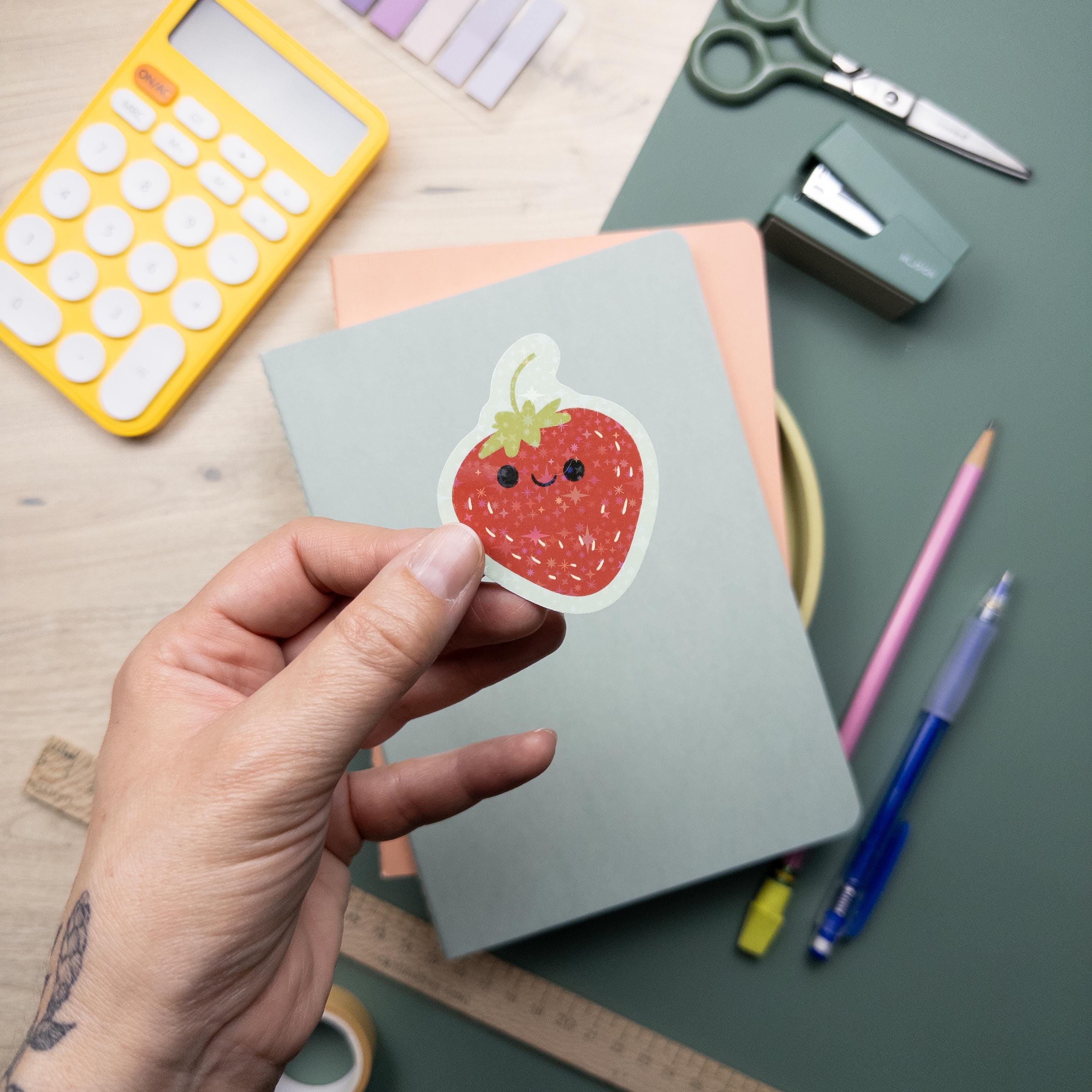 Illustrated Strawberry Glitter Sticker: Waterproof Vinyl Decal