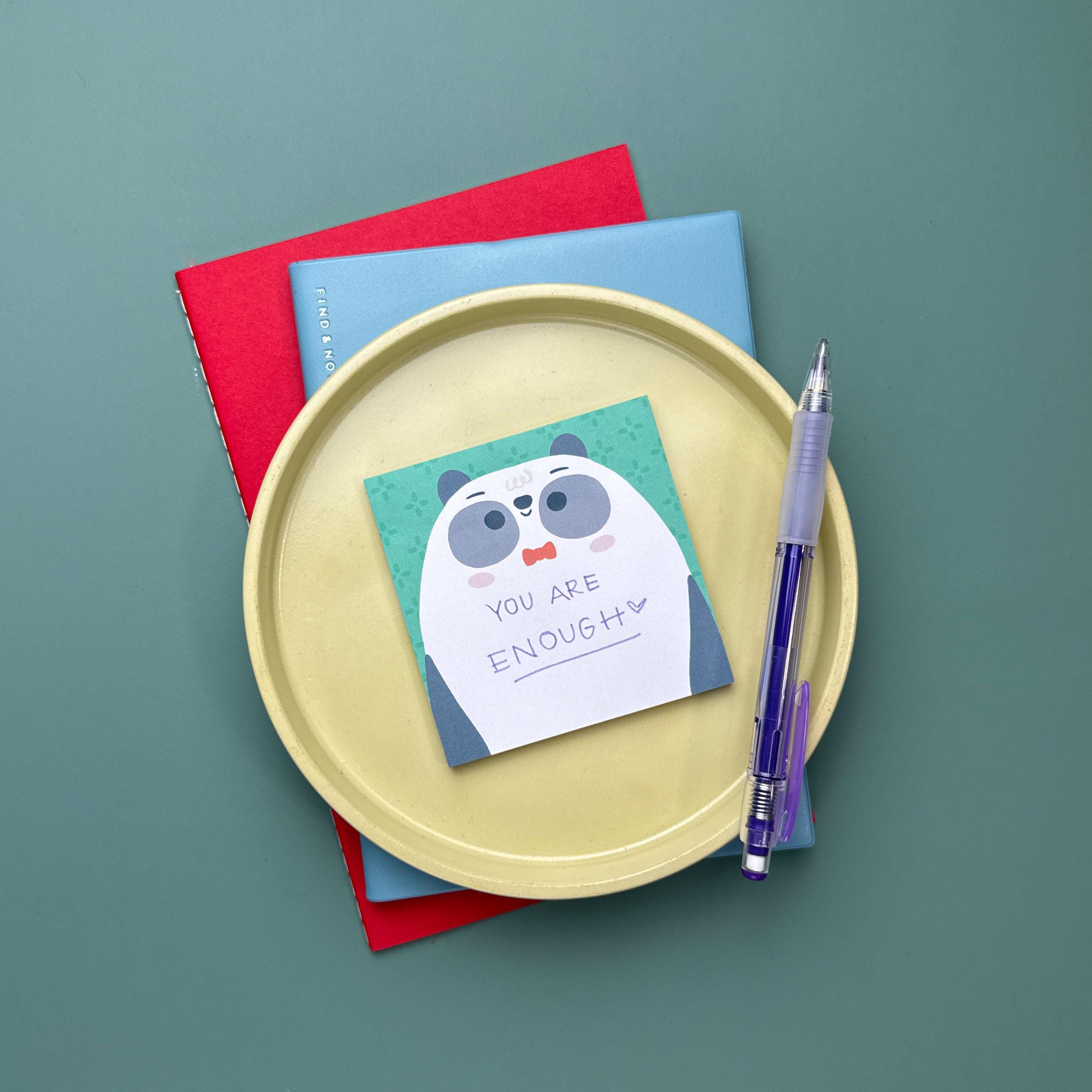 Panda Bear Bowtie Sticky Notepad with the words "you are enough" written on it – cute kawaii memo pad for journaling, planners, and stationery lovers.