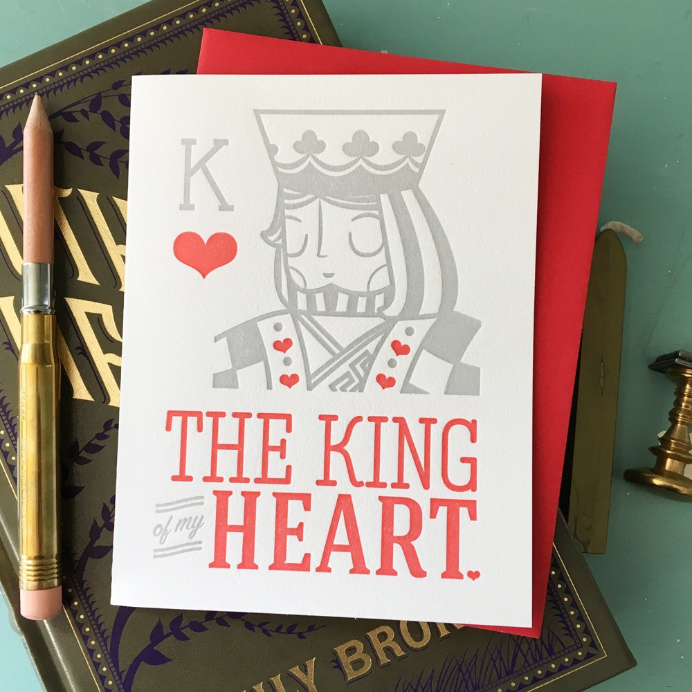 Illustrated letterpress card with “King of My Heart” message, hand-printed romantic notecard with coordinating envelope, perfect for love and anniversaries.