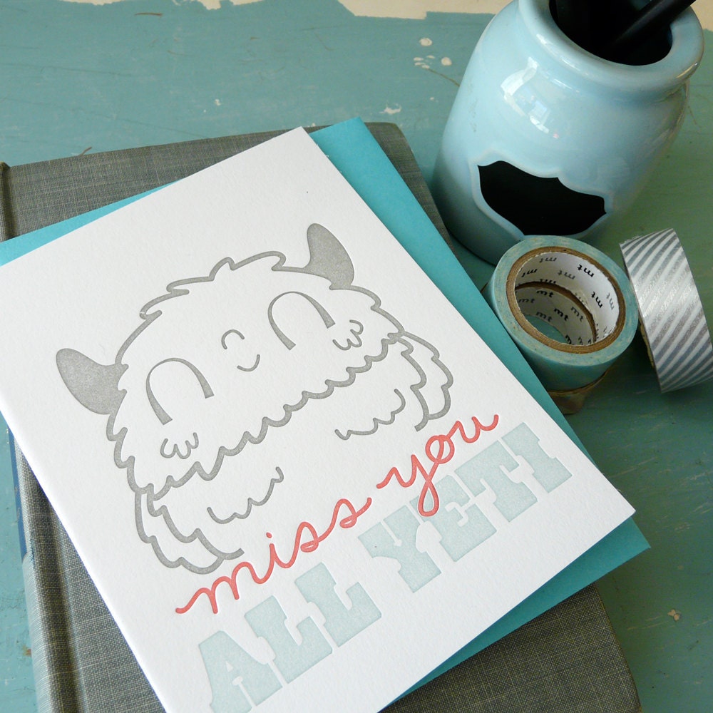 Cute illustrated letterpress card featuring a friendly yeti with “Miss You All” message, handmade stationery with coordinating envelope.