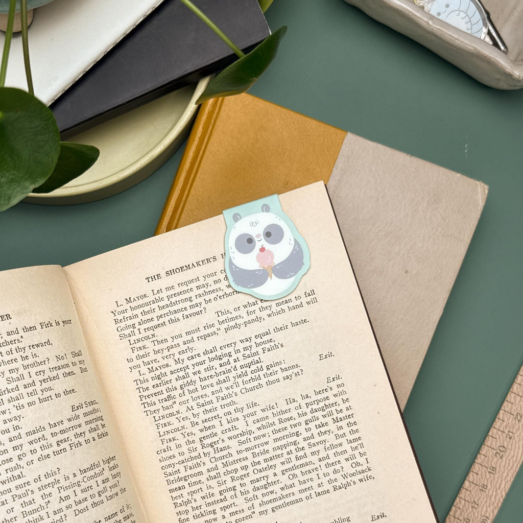 Cute panda eating ice cream magnetic bookmark, kawaii illustrated page marker with laminated finish for books, planners, and journals.
