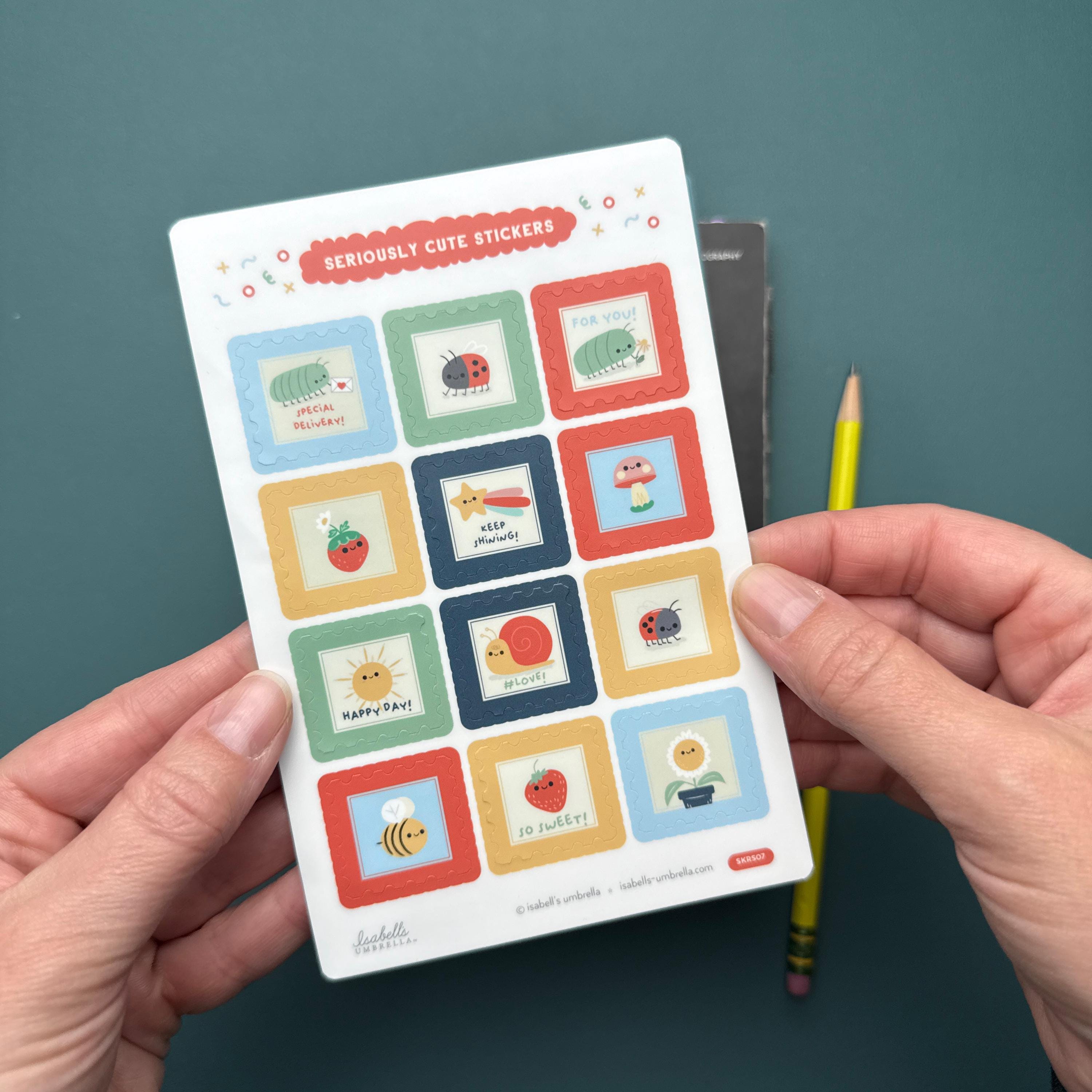 Postage stamp themed vinyl sticker sheet with 12 cute critter illustrations including a roly-poly, ladybug, and snail, water-resistant matte stickers for planners and notebooks.