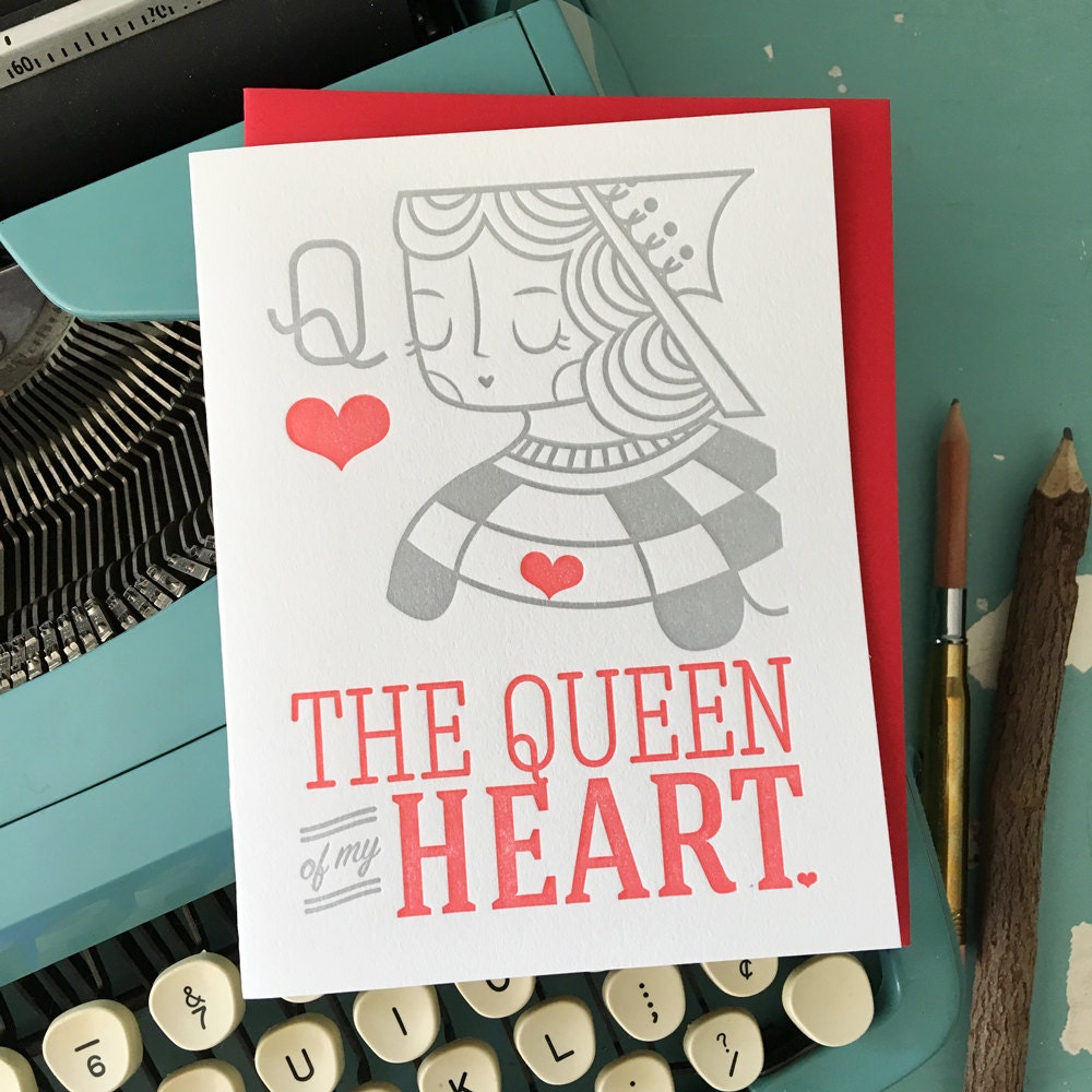 Illustrated letterpress card with “Queen of My Heart” message, cute hand-printed love and anniversary notecard with coordinating envelope.