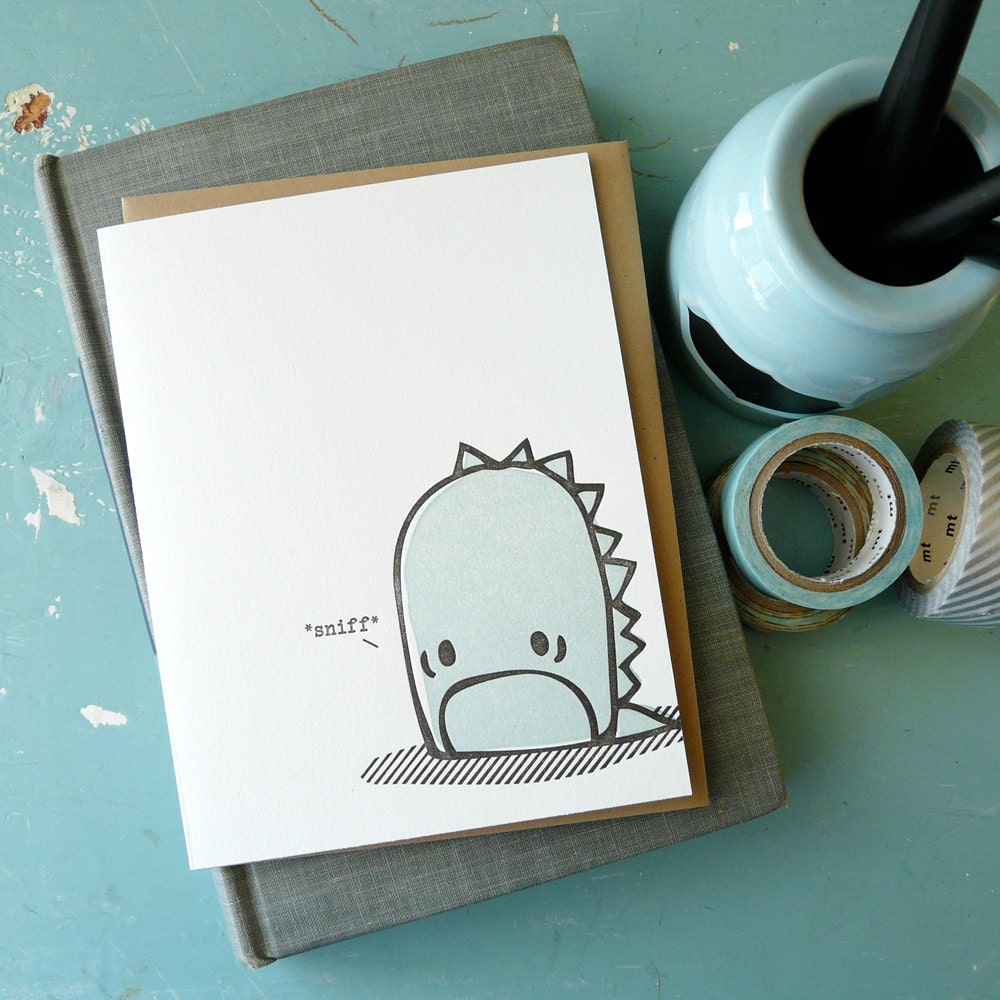 Cute sad monster illustrated letterpress card, handmade encouragement notecard with coordinating envelope, printed on vintage press.