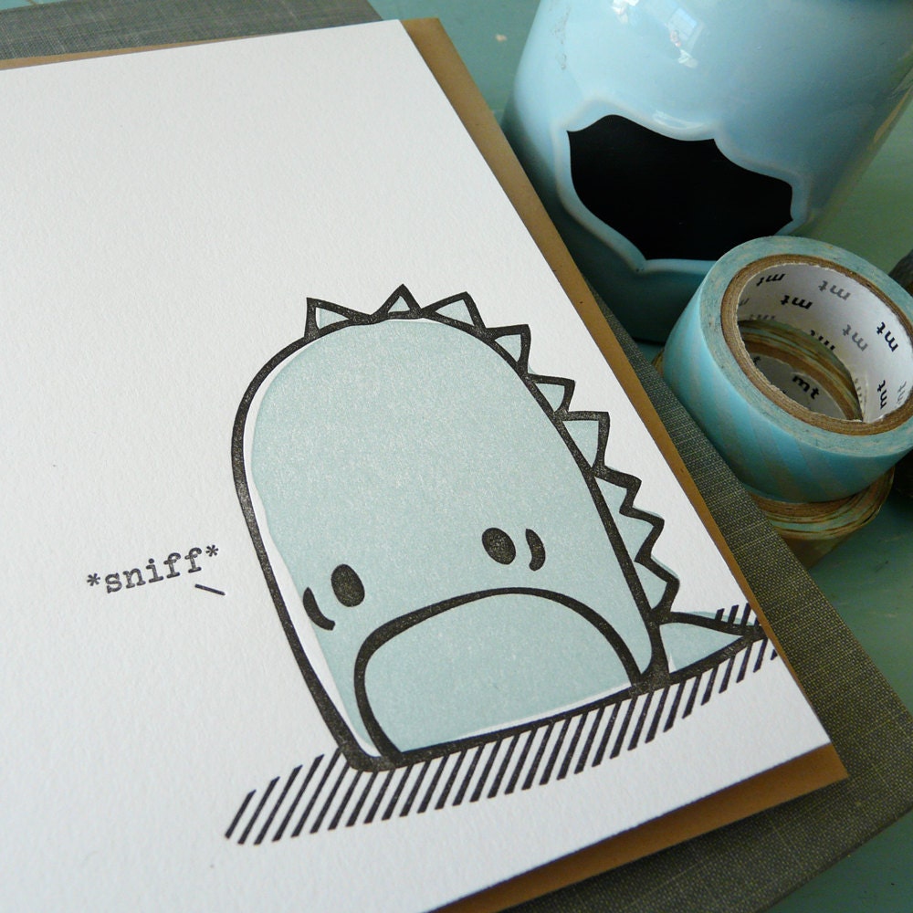 Cute sad monster illustrated letterpress card, handmade encouragement notecard with coordinating envelope, printed on vintage press.