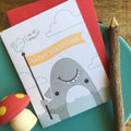 Cute shark and bird illustrated letterpress birthday card with coordinating envelope, hand-printed on vintage press for kids and ocean lovers.