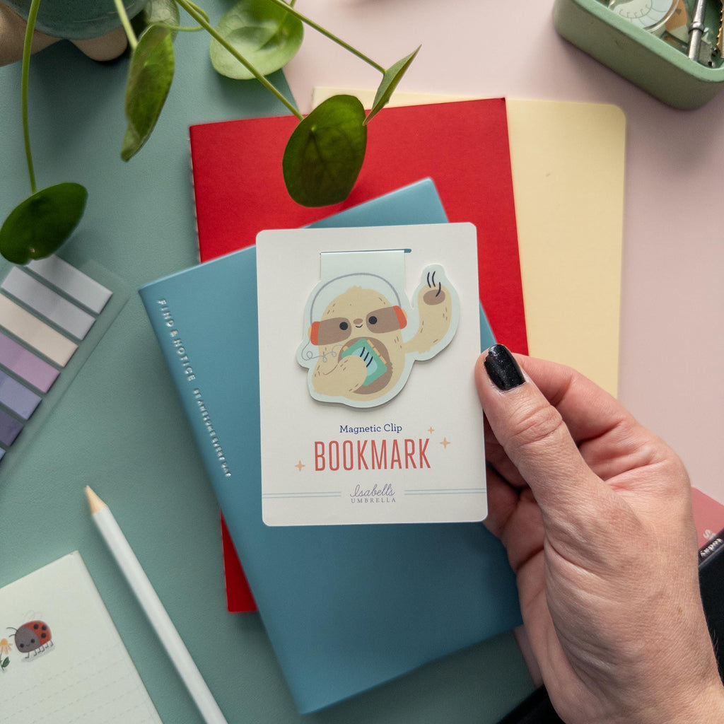 Cute sloth with Walkman magnetic bookmark, matte laminated finish, retro animal page clip for readers and music lovers.
