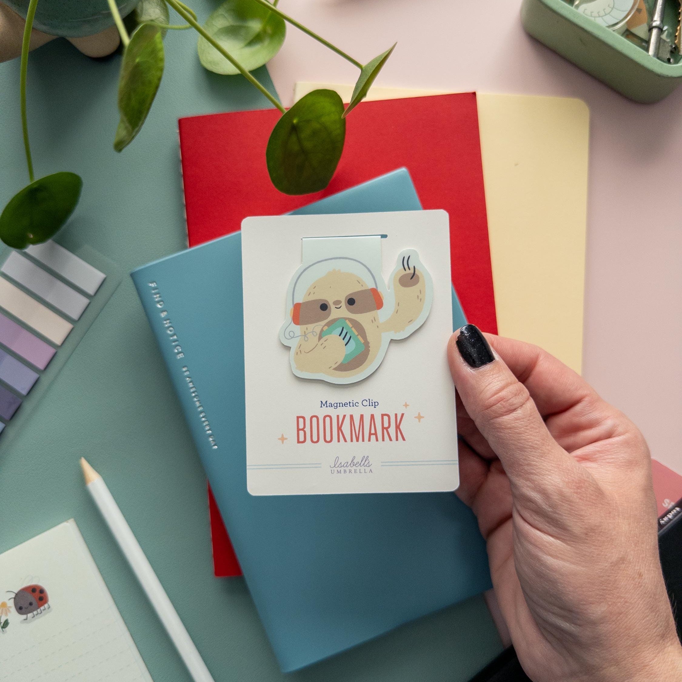 Cute sloth with Walkman magnetic bookmark, matte laminated finish, retro animal page clip for readers and music lovers.