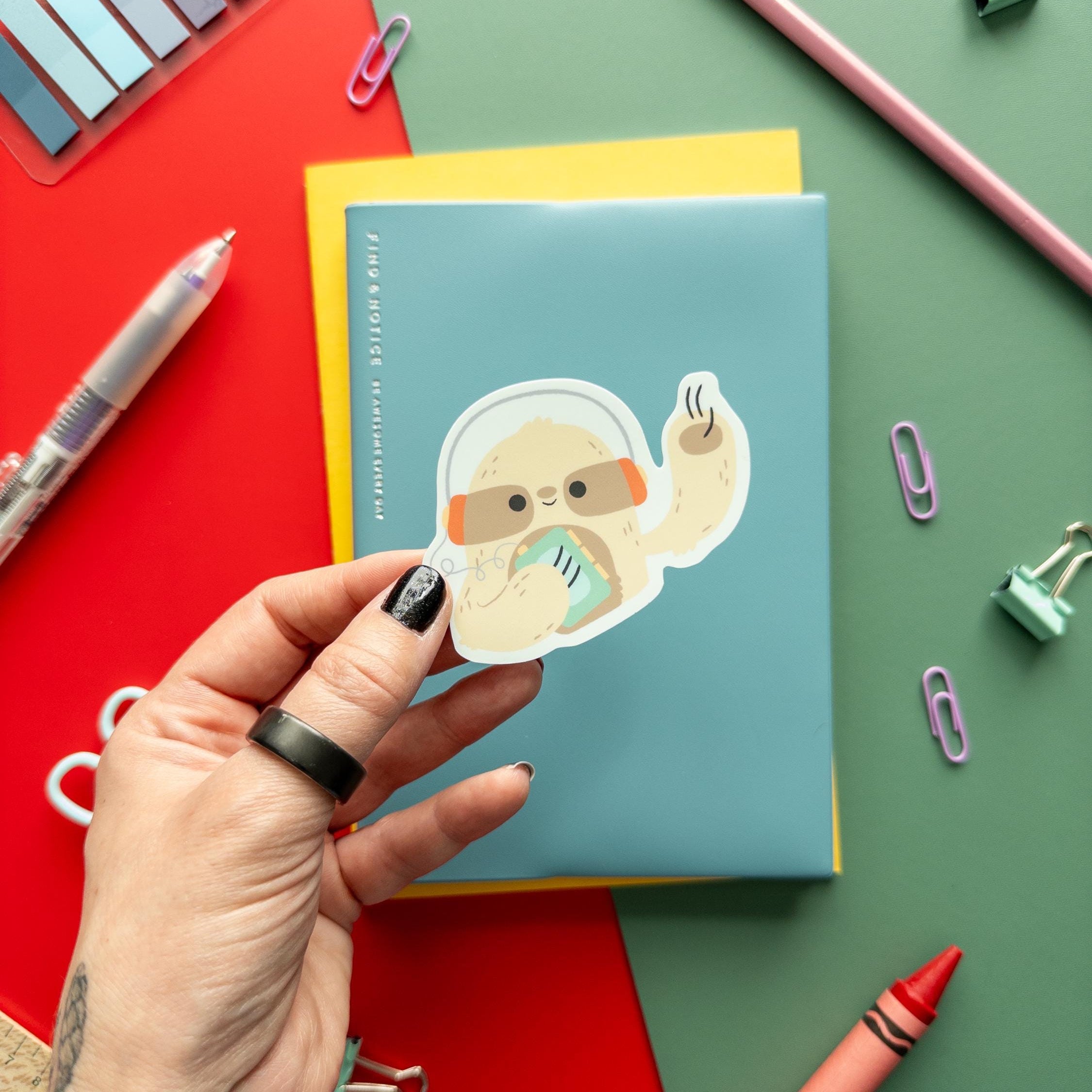 Cute sloth with Walkman waterproof vinyl sticker, retro animal music decal for laptops, water bottles, and journals.