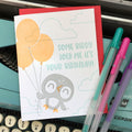 Illustrated letterpress birthday card with cute bird design and “Some Birdy Told Me It’s Your Birthday” message, handmade notecard with envelope.