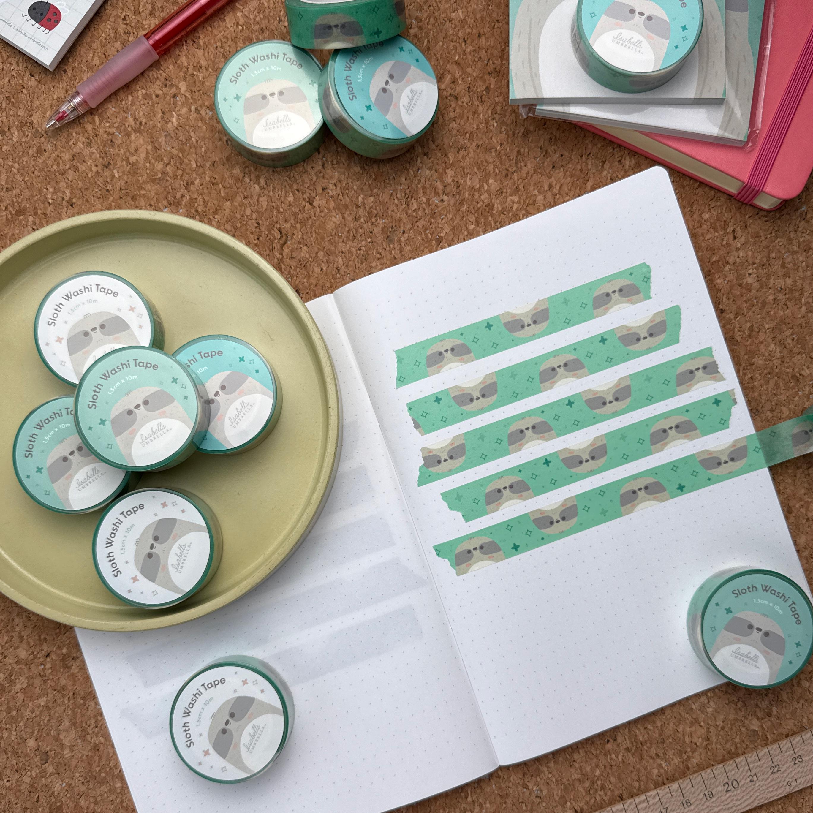 Cute smiling sloth washi tape roll, kawaii decorative tape for planners, journals, and scrapbooks, easy to tear and residue-free