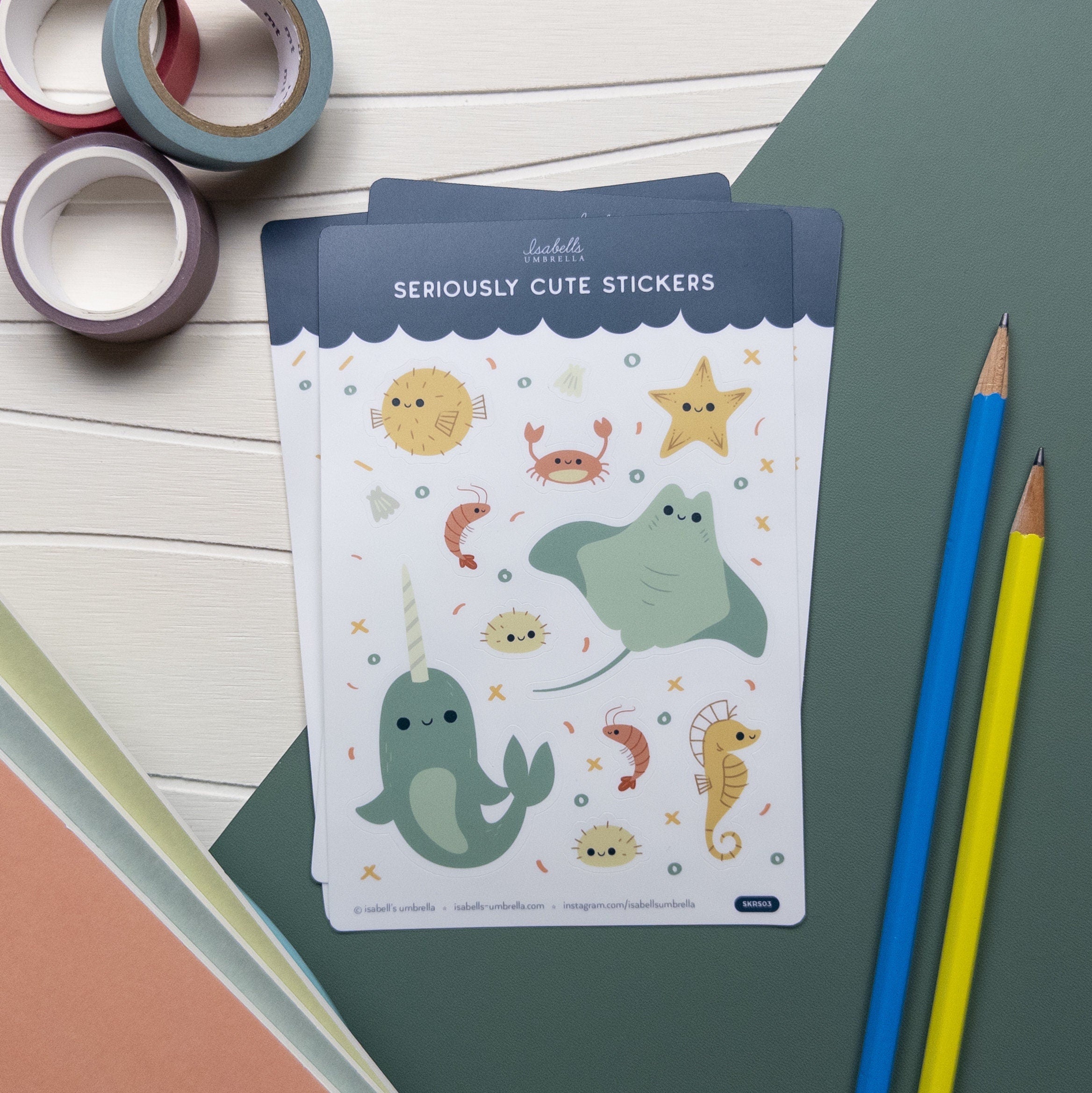 Sticker set of seriously cute illustrated stickers featuring creatures you would find in the sea.