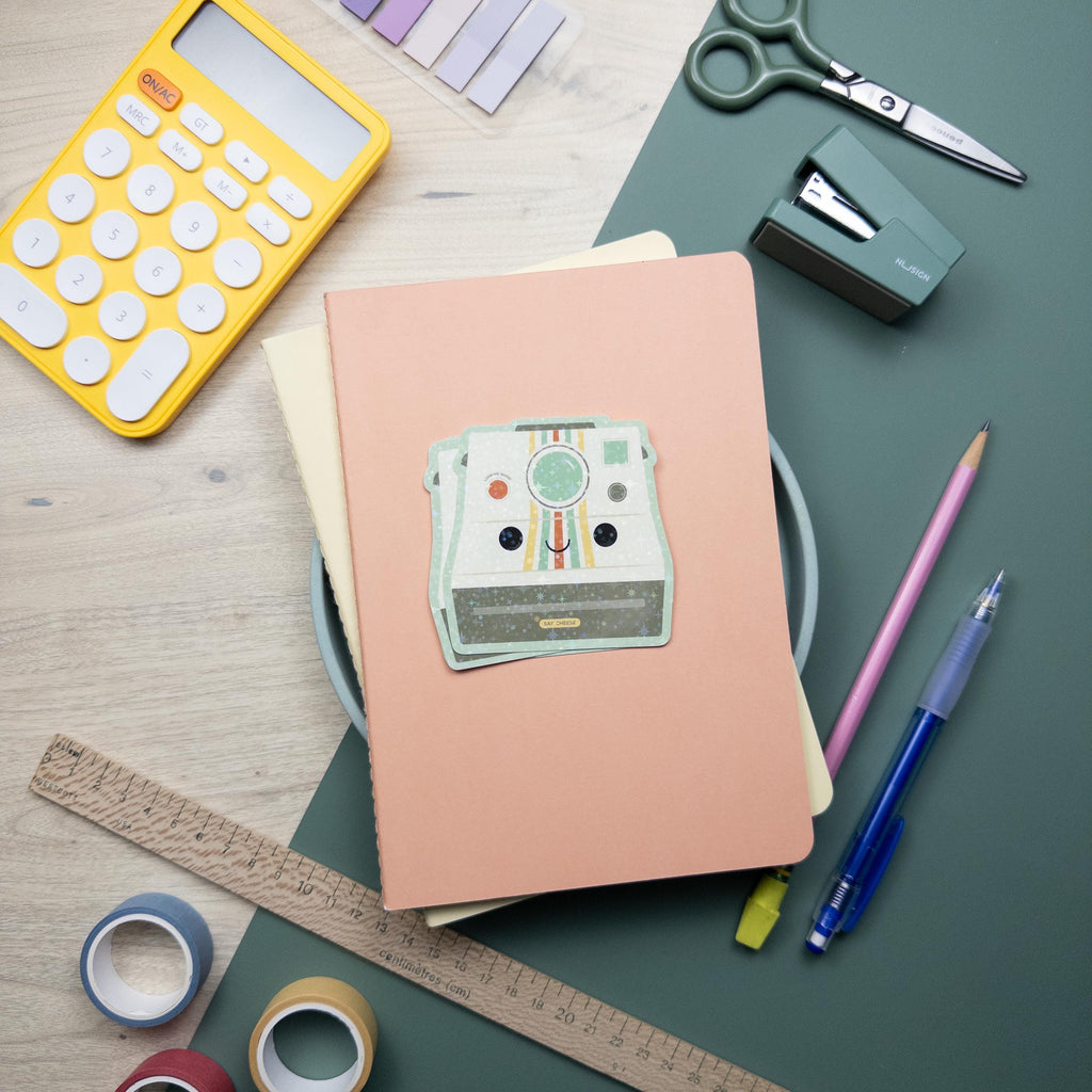 Cute vintage camera glitter vinyl sticker, waterproof and durable photography decal for laptops, water bottles, and journals.