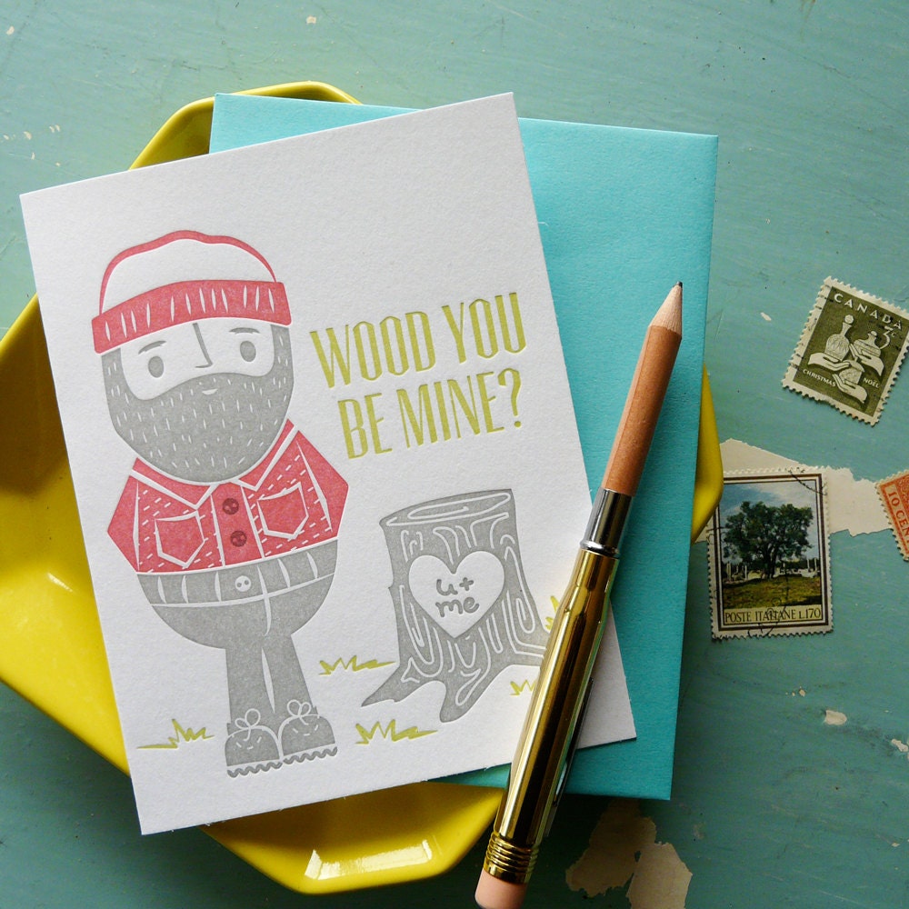 Cute illustrated lumberjack letterpress card with “Wood You Be Mine” message, handmade Valentine or love notecard with coordinating envelope.