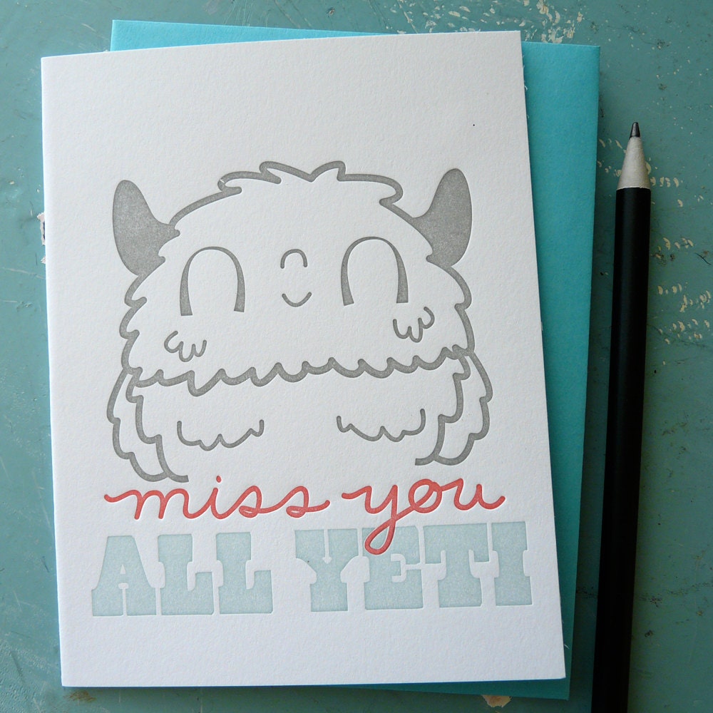 Cute illustrated letterpress card featuring a friendly yeti with “Miss You All” message, handmade stationery with coordinating envelope.